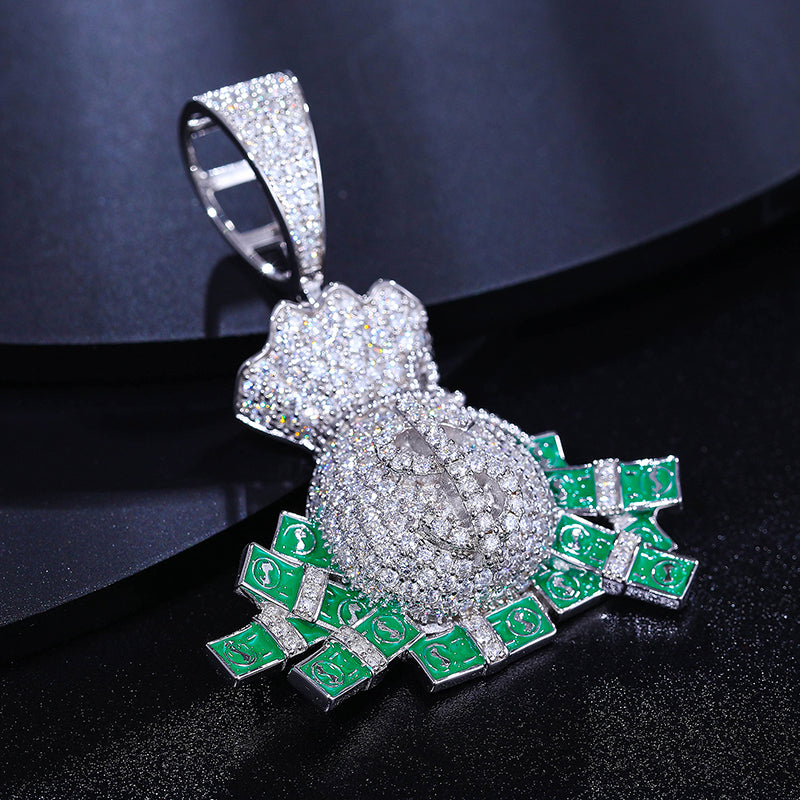 Emerald-Accent Money Bag Moissanite Pendant in 925 Sterling Silver product view