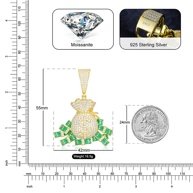 Emerald-Accent Money Bag Moissanite Pendant in 925 Sterling Silver specifications