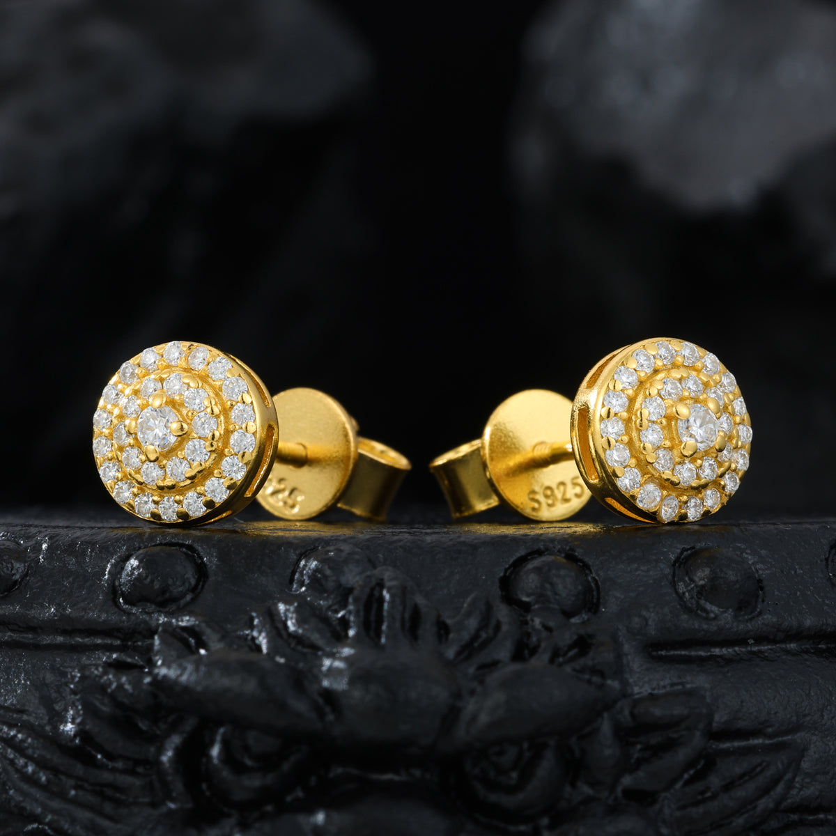 Three-row halo moissanite stud earrings