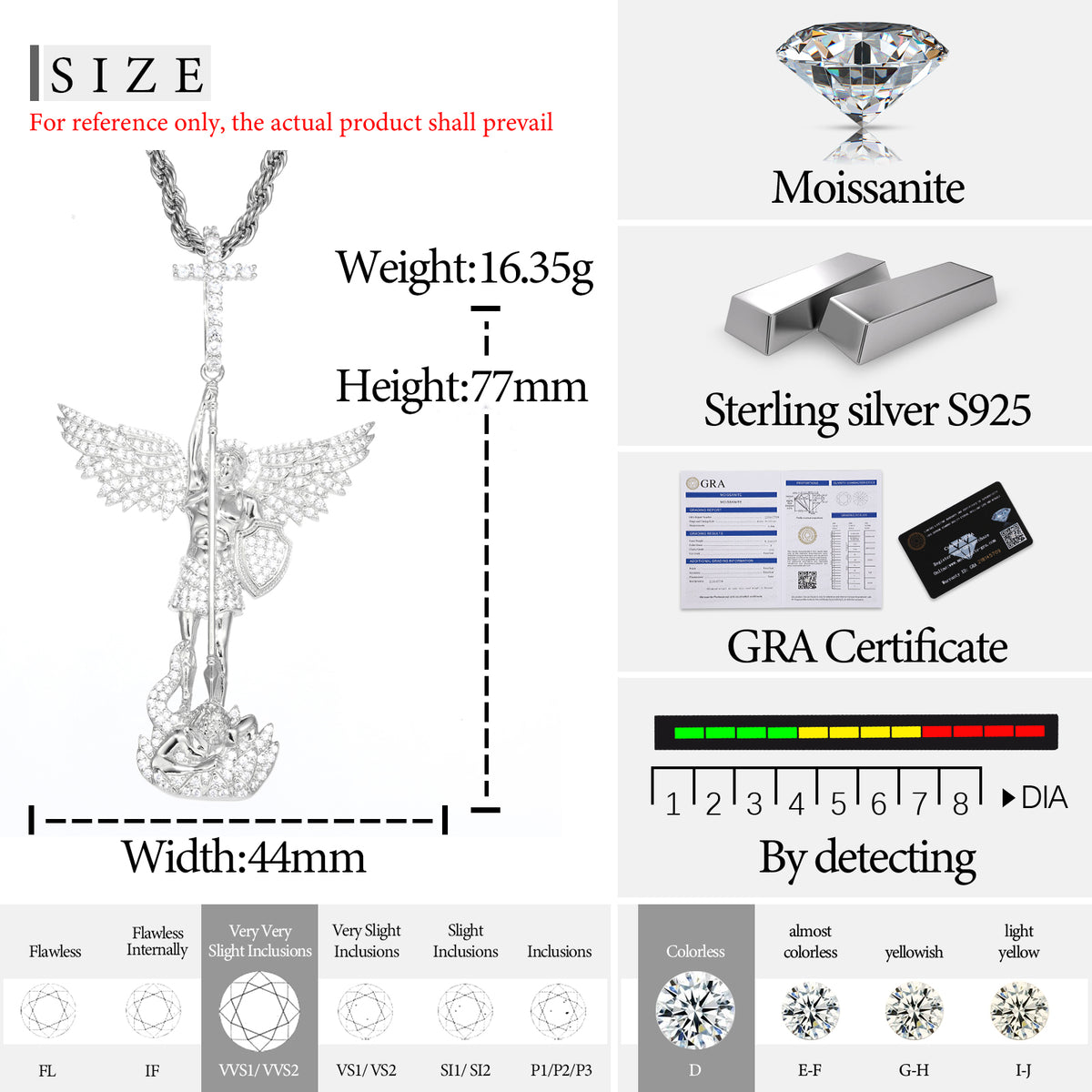 Angel Cross Moissanite Pendant in 925 Sterling Silver specifications