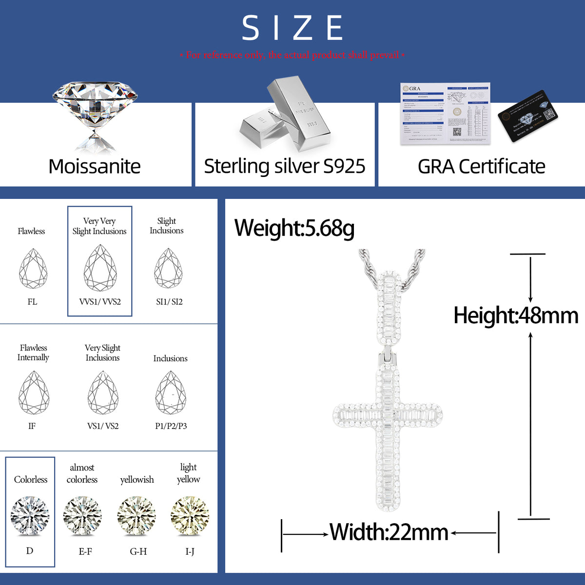 Baguette Cross Moissanite Pendant in 925 Sterling Silver specifications