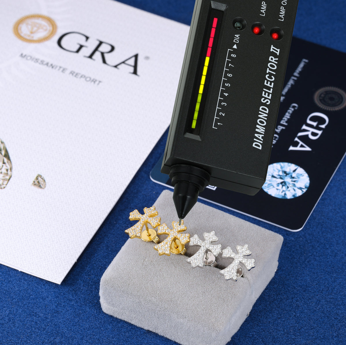 Iris Cross Moissanite Stud Earrings in 925 Sterling Silver detail view