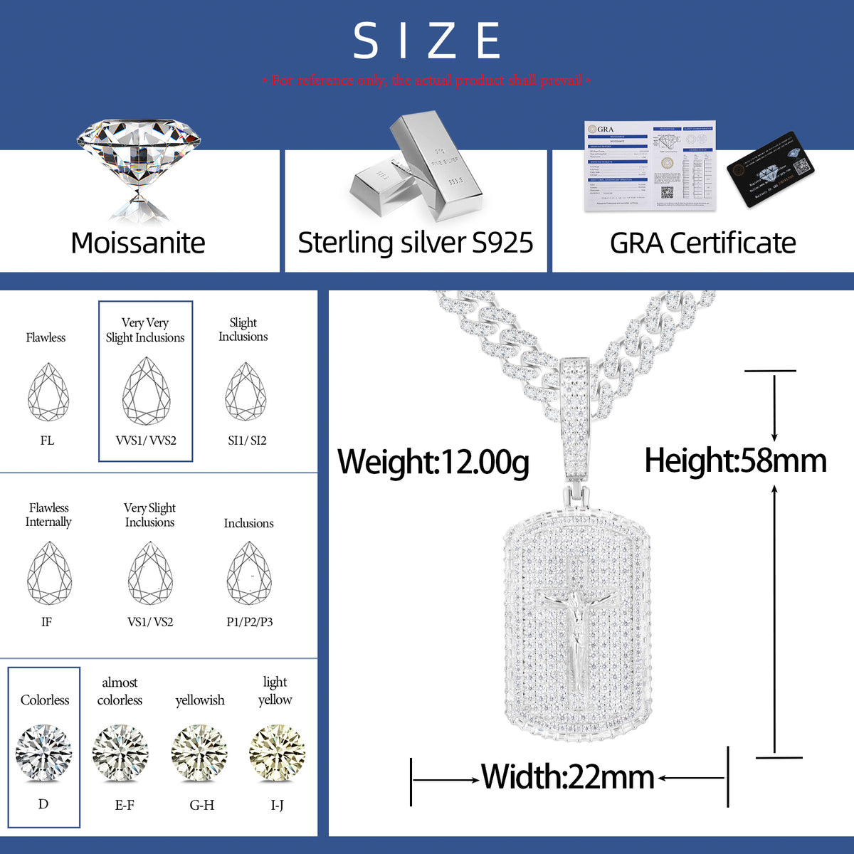 Jesus Cross Dog Tag Moissanite Pendant in 925 Sterling Silver specifications