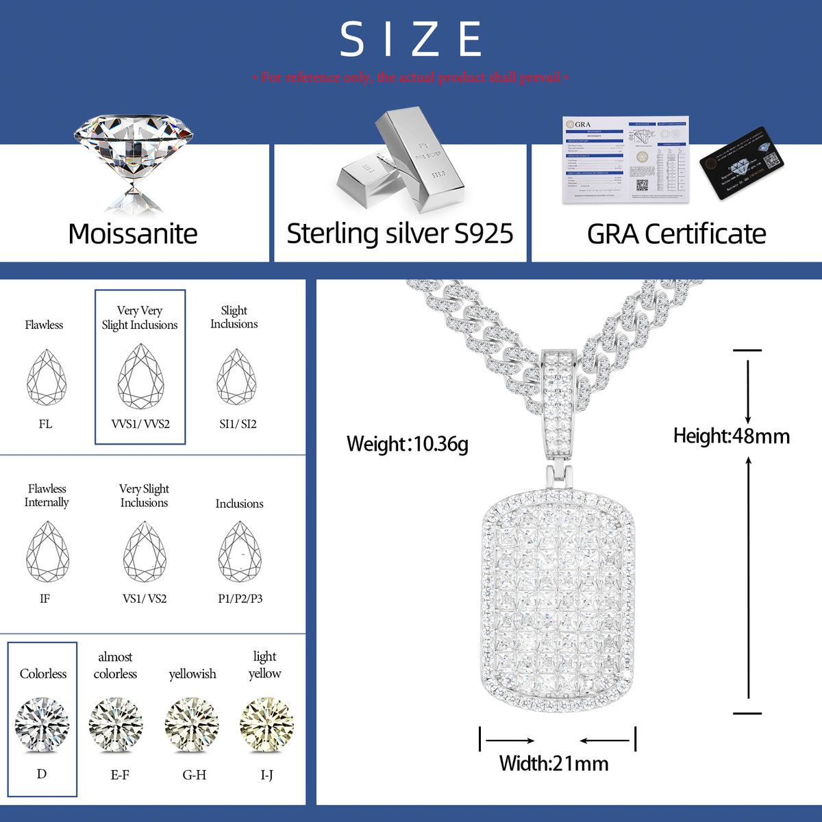 Princess-Cut Dog Tag Moissanite Pendant in 925 Sterling Silver specifications