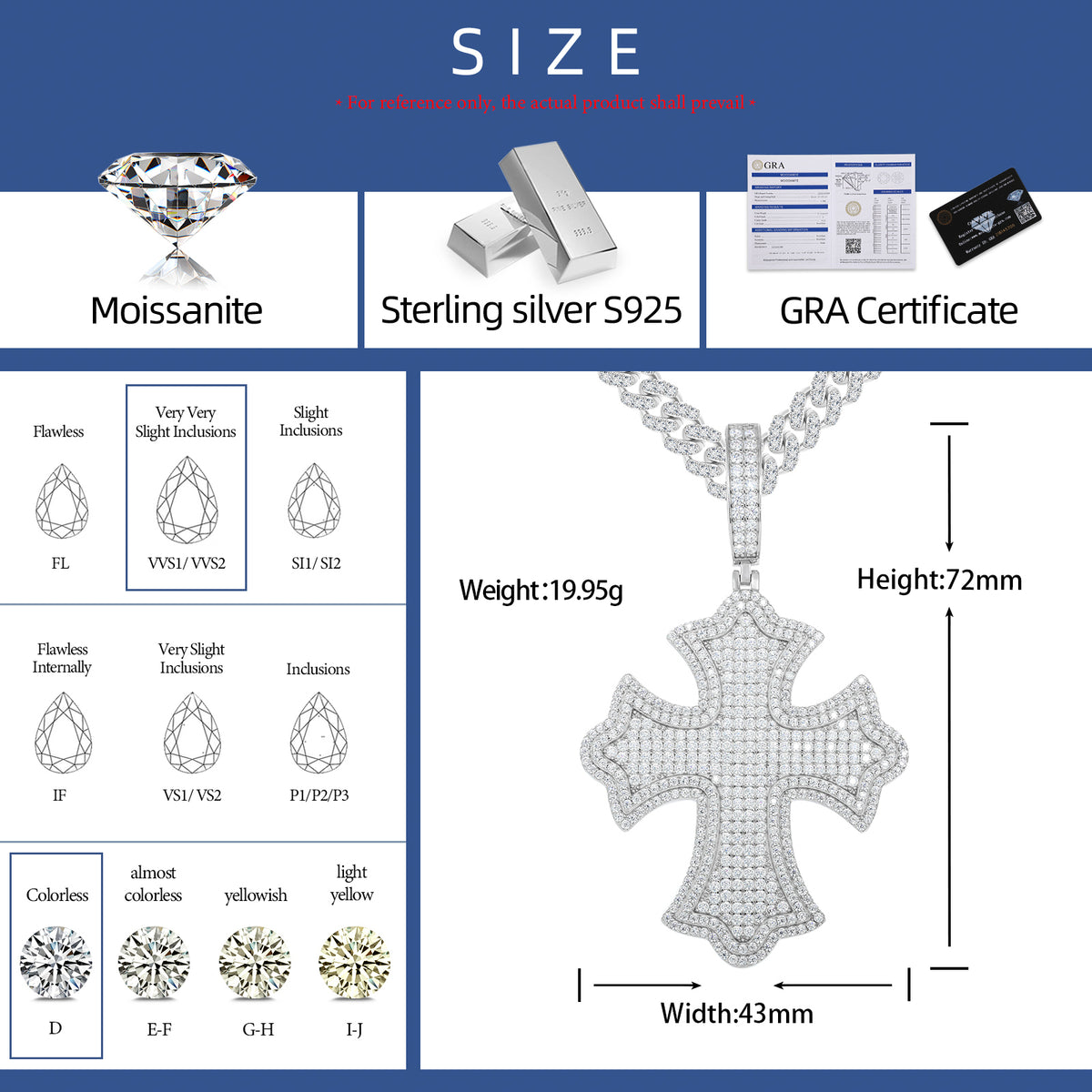 Two-Layer Iris Cross Moissanite Pendant in 925 Sterling Silver specifications
