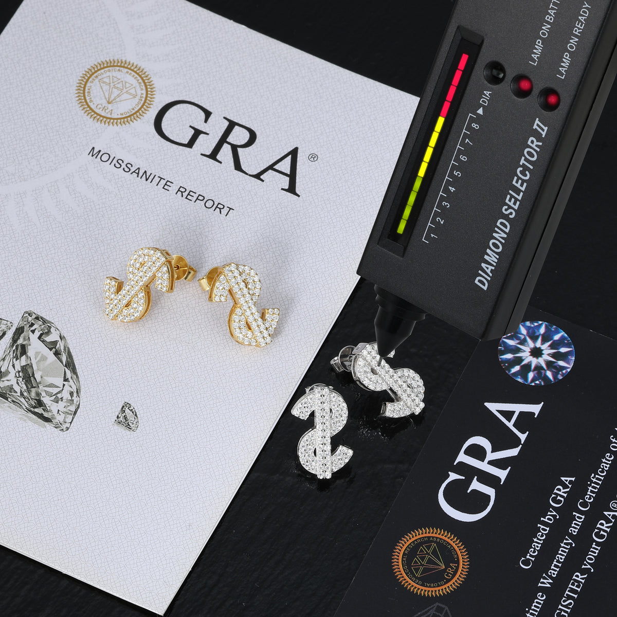 Dollar Sign Moissanite Stud Earrings in 925 Sterling Silver detail view