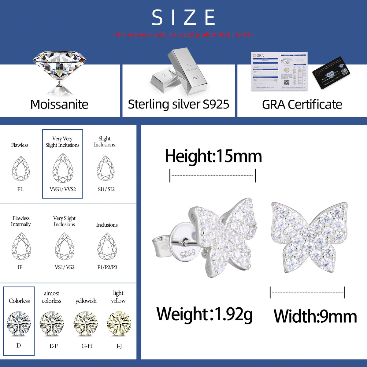 Butterfly Moissanite Stud Earrings in 925 Sterling Silver specifications