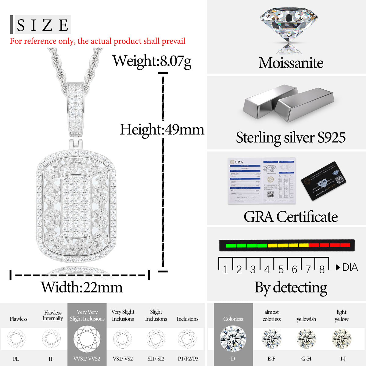 Dollar Symbol Dog Tag Moissanite Pendant in 925 Sterling Silver specifications