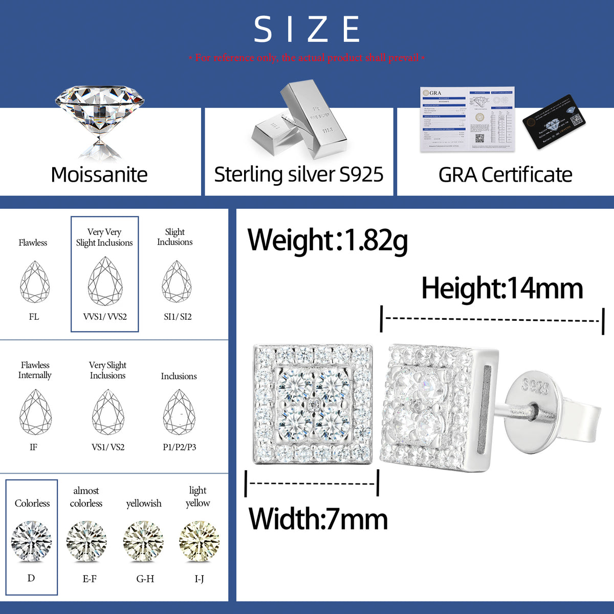 Square Cluster Moissanite Stud Earrings in 925 Sterling Silver specifications