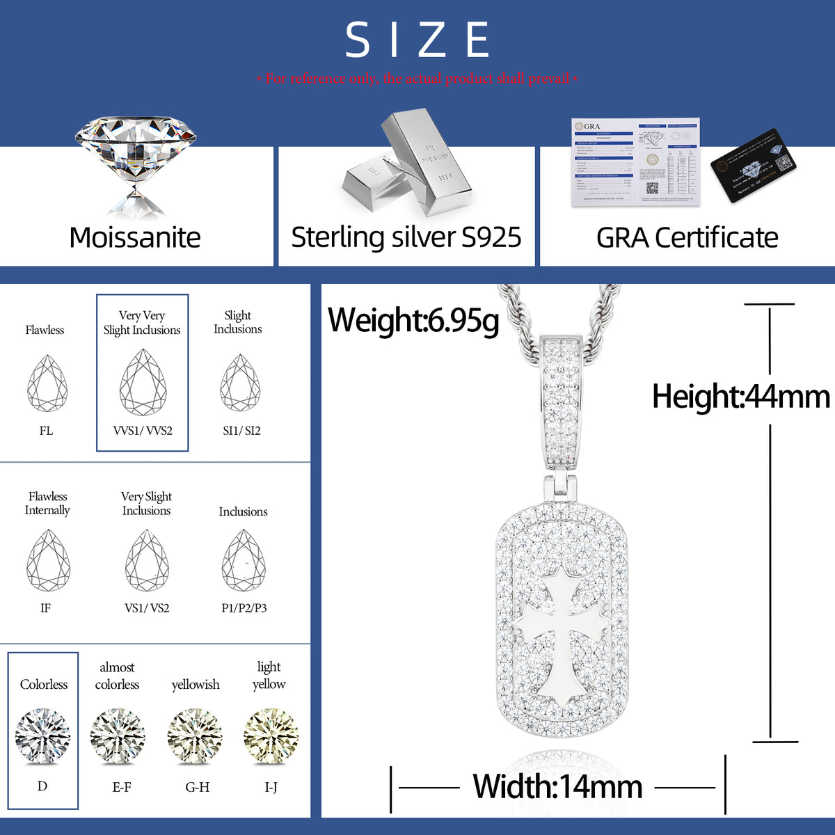Glossy Cross Dog Tag Moissanite Pendant in 925 Sterling Silver specifications