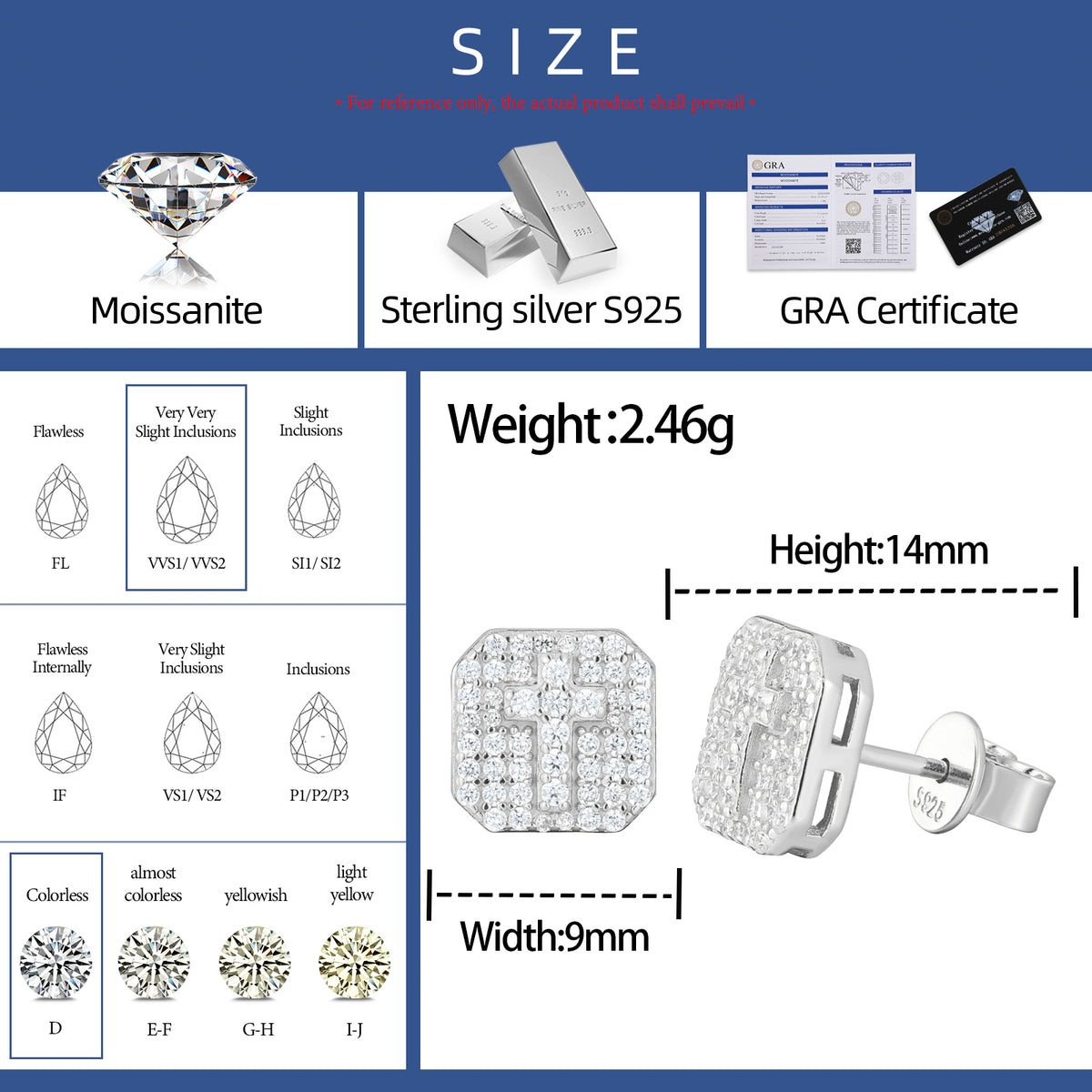 Cross Square Moissanite Stud Earrings in 925 Sterling Silver specifications