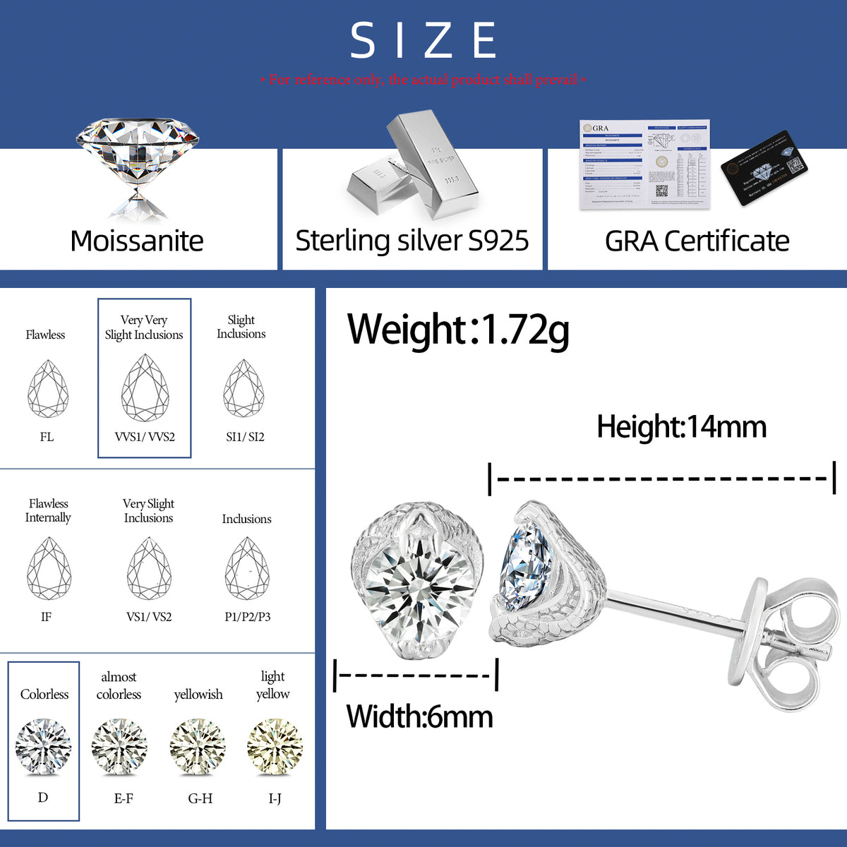 Cobra Solitaire Moissanite Stud Earrings in 925 Sterling Silver specifications