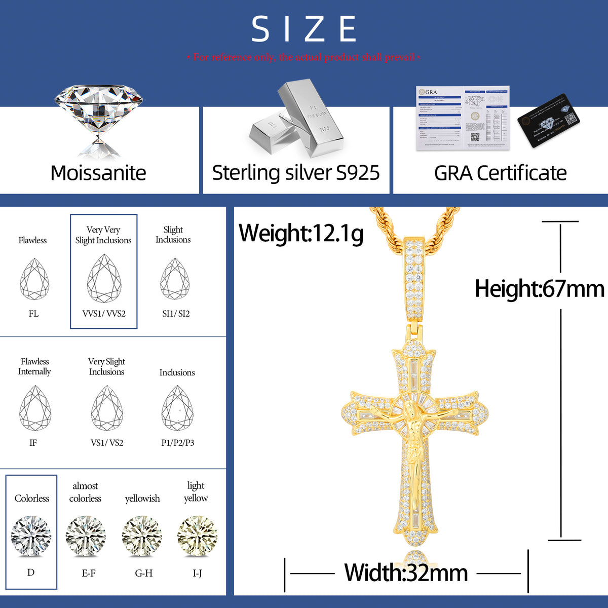 Baguette Crucifix Moissanite Pendant in 925 Sterling Silver specifications
