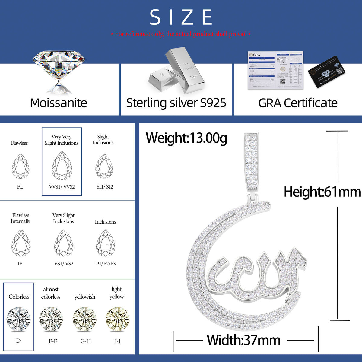 Allah Moissanite Pendant in 925 Sterling Silver specifications