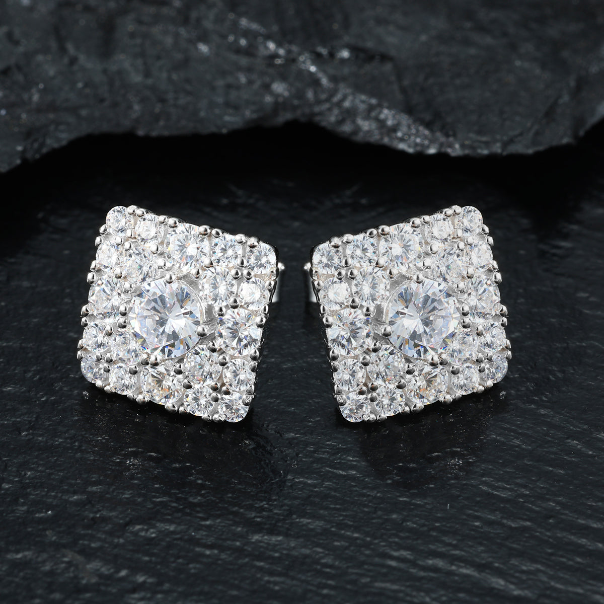 Square Halo Moissanite Stud Earrings in 925 Sterling Silver product view