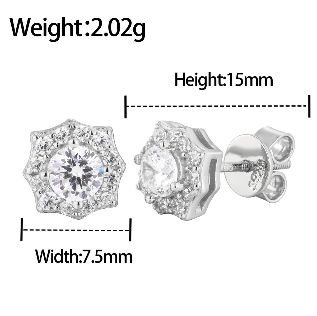 Floral Halo Moissanite Stud Earrings in 925 Sterling Silver specifications