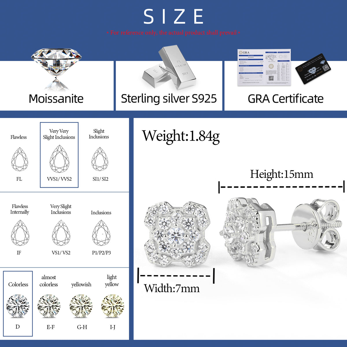 Geometric Cluster Moissanite Stud Earrings in 925 Sterling Silver specifications