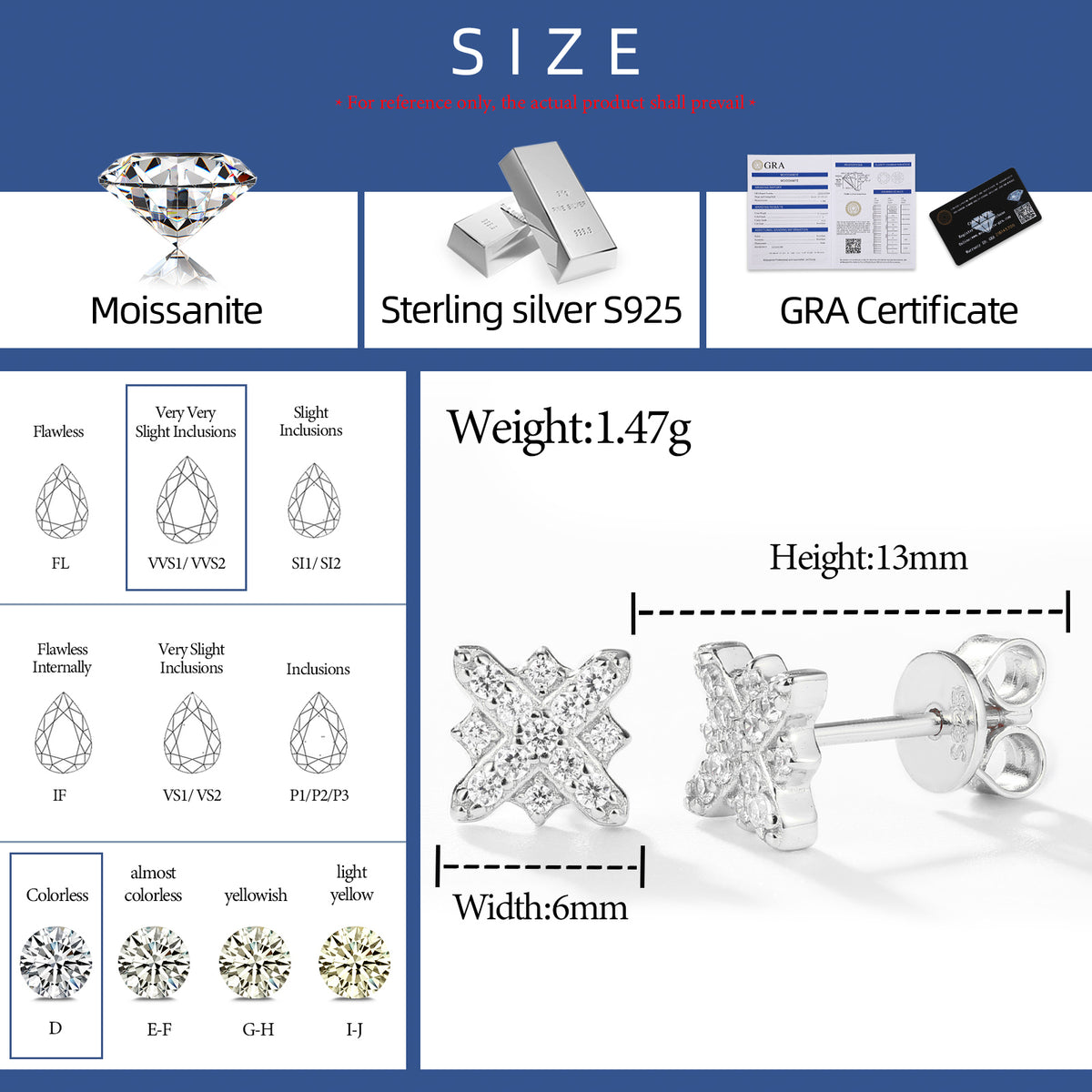 Cross Flower Moissanite Stud Earrings in 925 Sterling Silver specifications