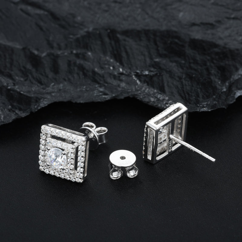 Double halo square moissanite stud earrings in silver tone