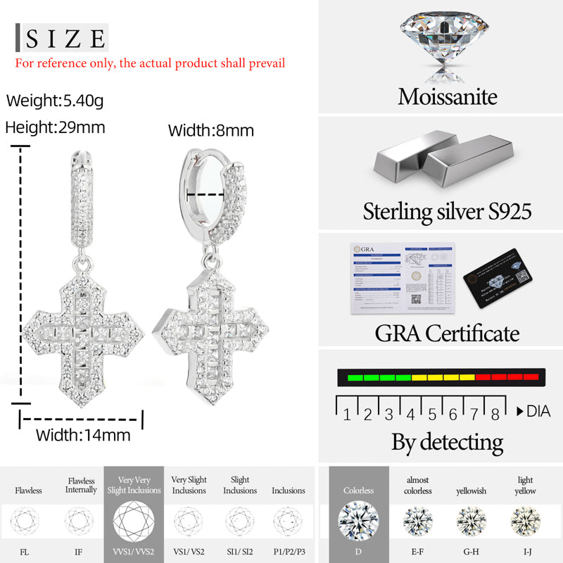 Cross Huggie Moissanite Earrings in 925 Sterling Silver specifications