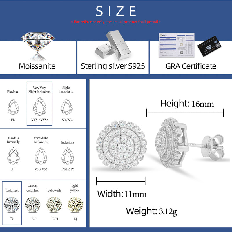 Bloom Halo Moissanite Stud Earrings in 925 Sterling Silver specifications