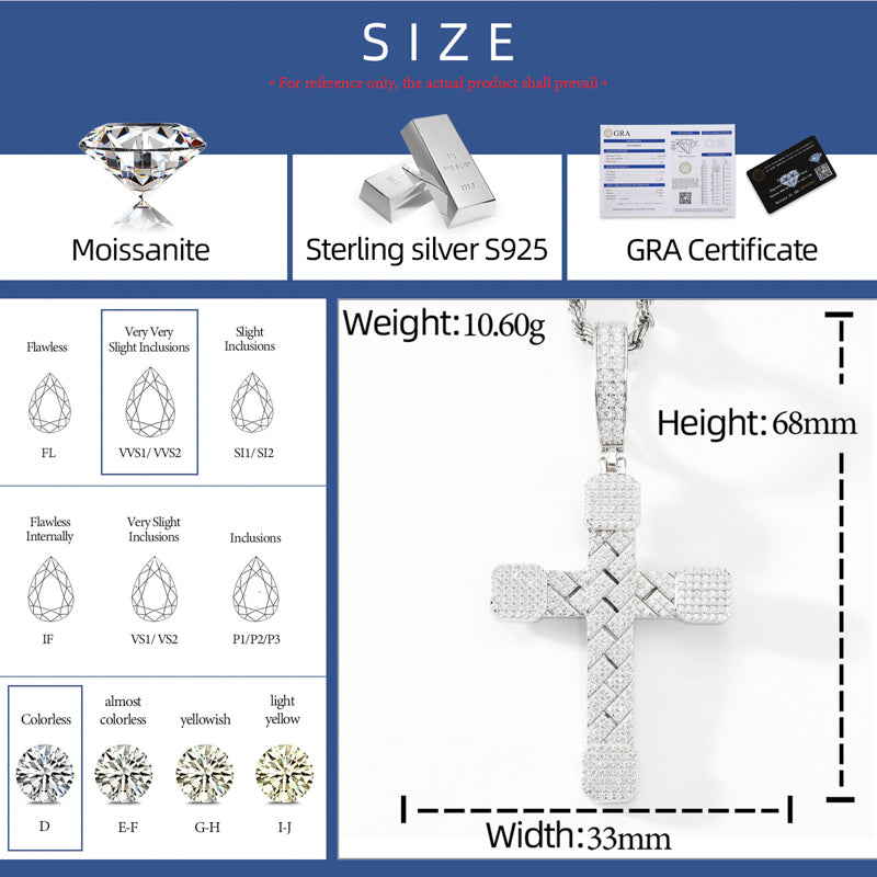 Cuban Cross Moissanite Pendant in 925 Sterling Silver specifications