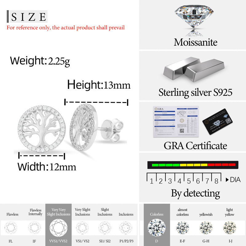 Tree of Life Moissanite Stud Earrings in 925 Sterling Silver specifications