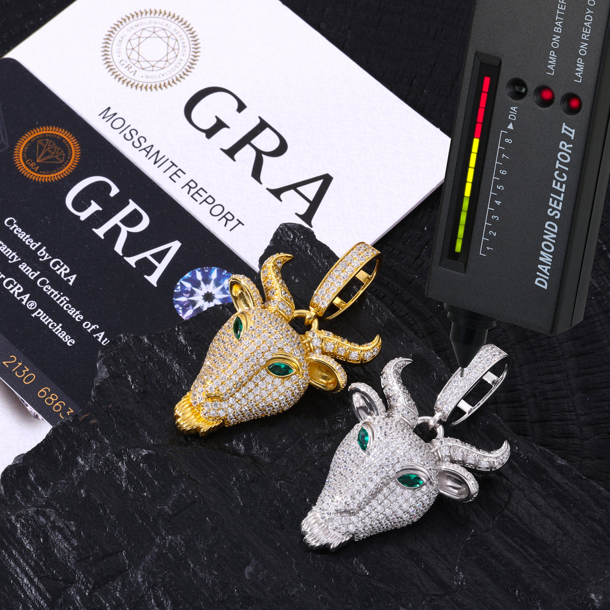 Goat Head Moissanite Pendant in 925 Sterling Silver detail view