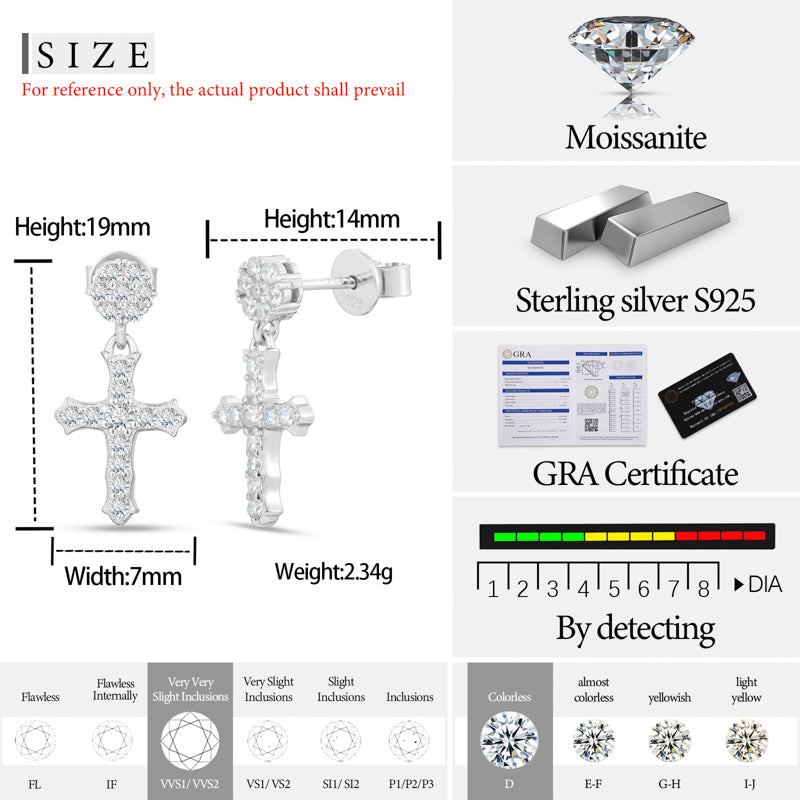 Cross Dangle Moissanite Earrings in 925 Sterling Silver specifications