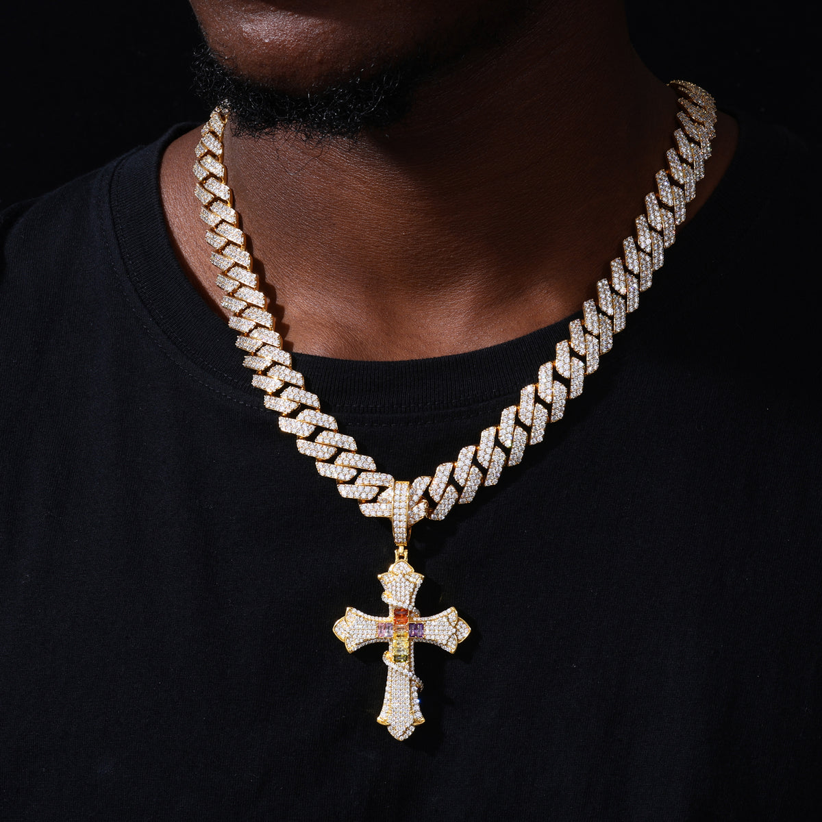 Multicolor Cross Moissanite Pendant in 925 Sterling Silver detail view