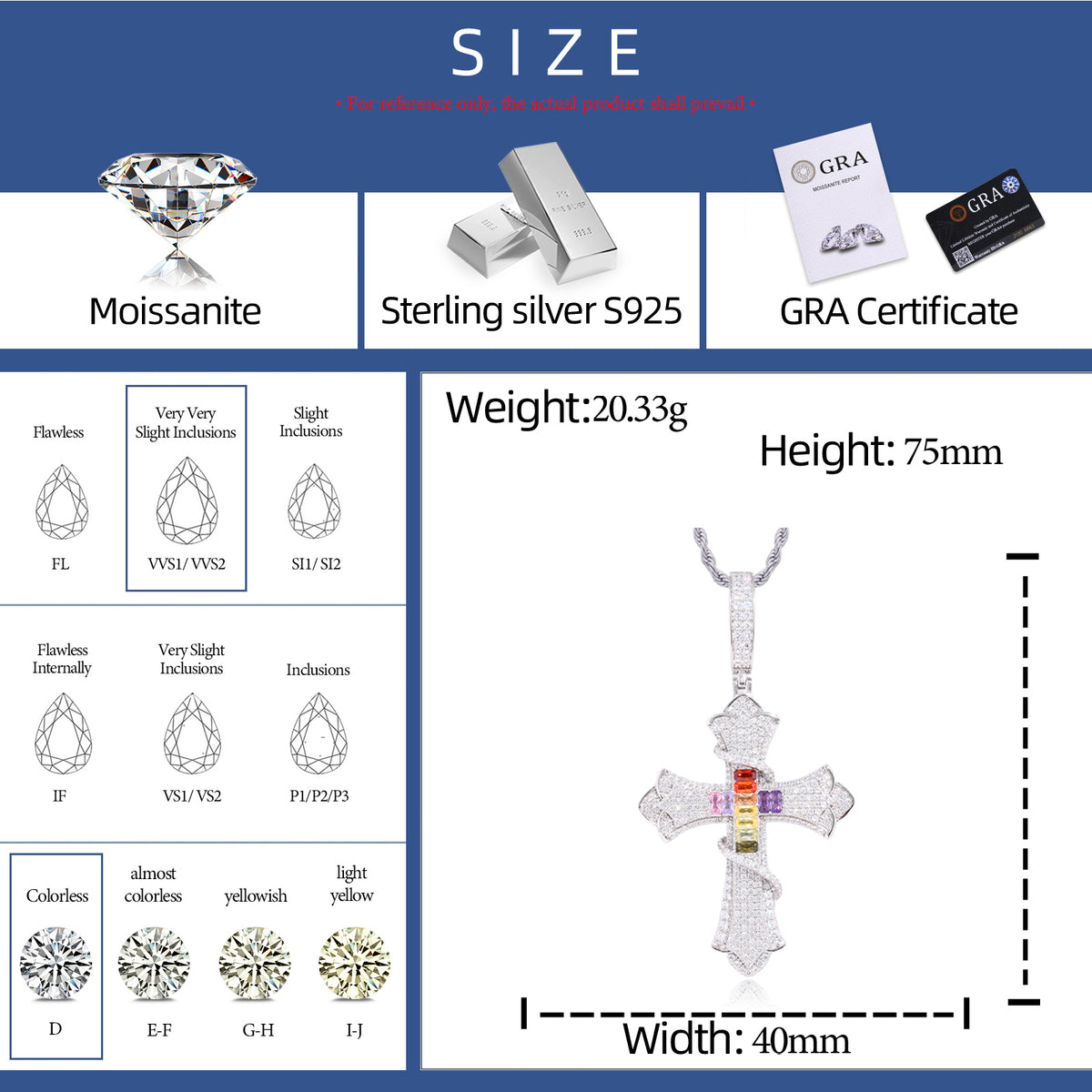 Multicolor Cross Moissanite Pendant in 925 Sterling Silver specifications