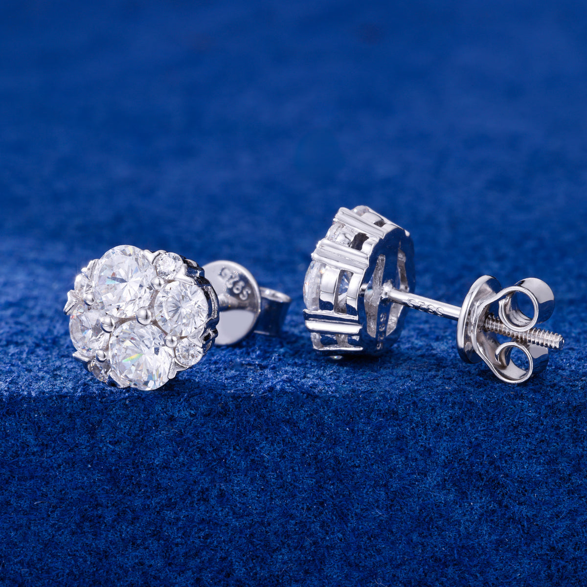 Round floral moissanite cluster stud earrings