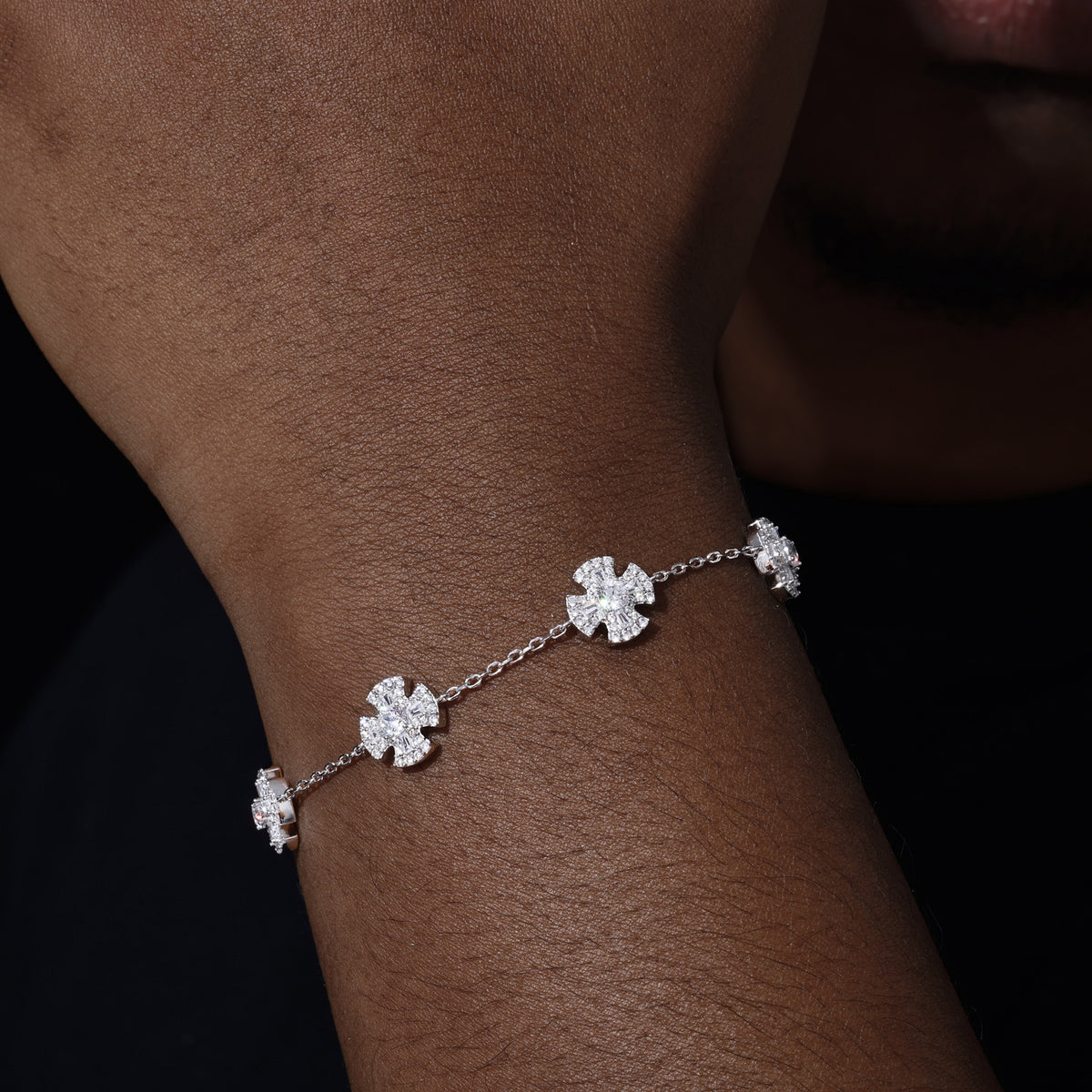 Five-cross moissanite link bracelet worn