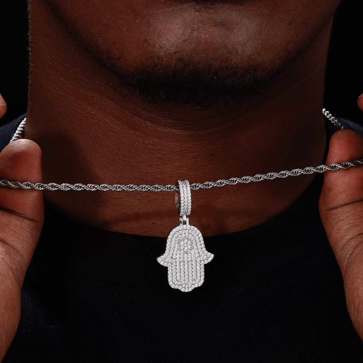 Hamsa Hand Moissanite Pendant in 925 Sterling Silver detail view