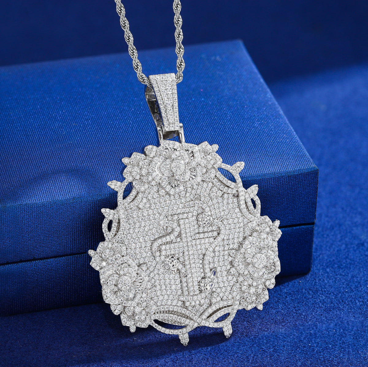 Floral Rose Cross Moissanite Pendant in 925 Sterling Silver front view