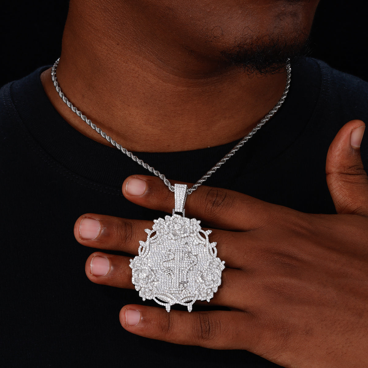 Floral Rose Cross Moissanite Pendant in 925 Sterling Silver detail view