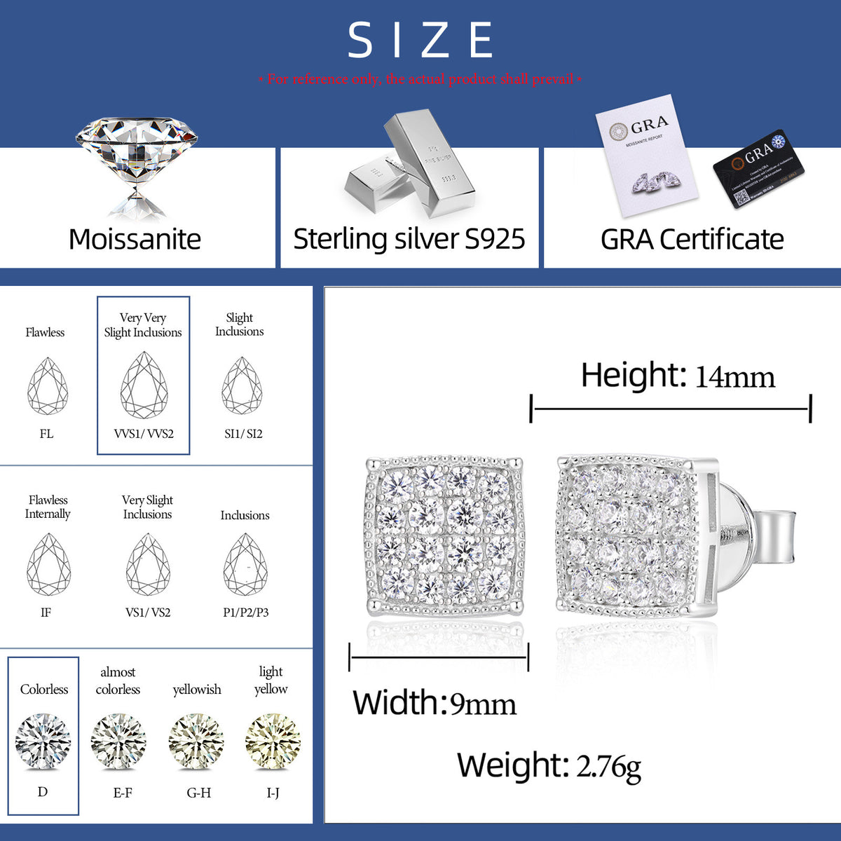 Micro-Pavé Square Moissanite Stud Earrings in 925 Sterling Silver specifications