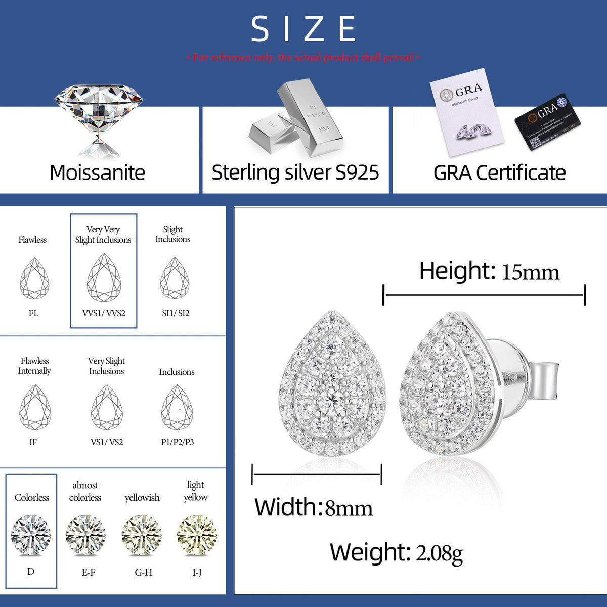 Teardrop Cluster Moissanite Stud Earrings in 925 Sterling Silver specifications