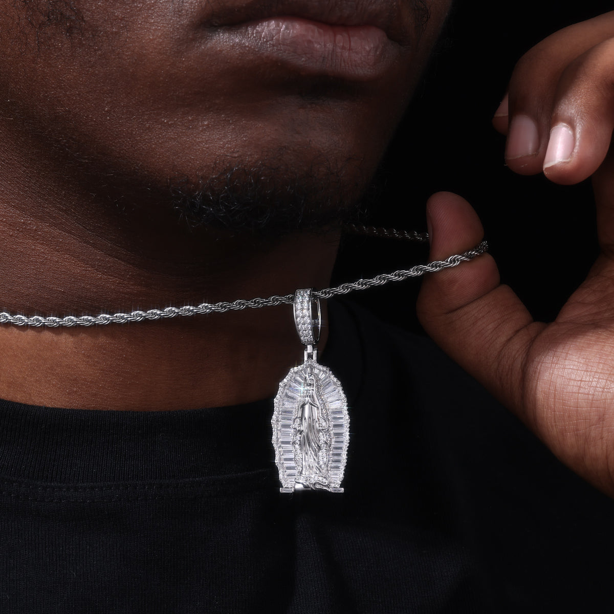 Our Lady of Guadalupe Halo Moissanite Pendant in 925 Sterling Silver styled view