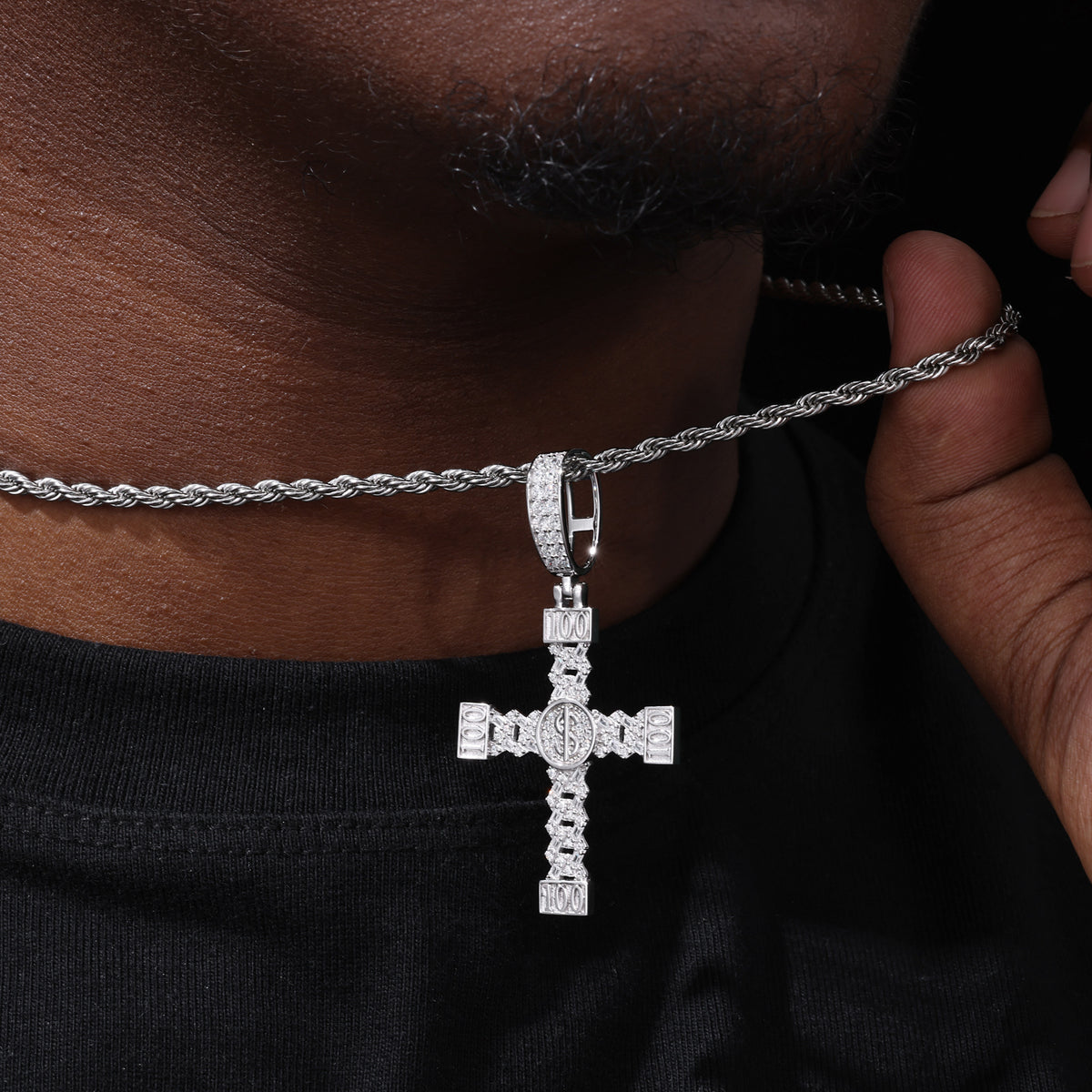 Dollar Sign Cross Moissanite Pendant in 925 Sterling Silver detail view
