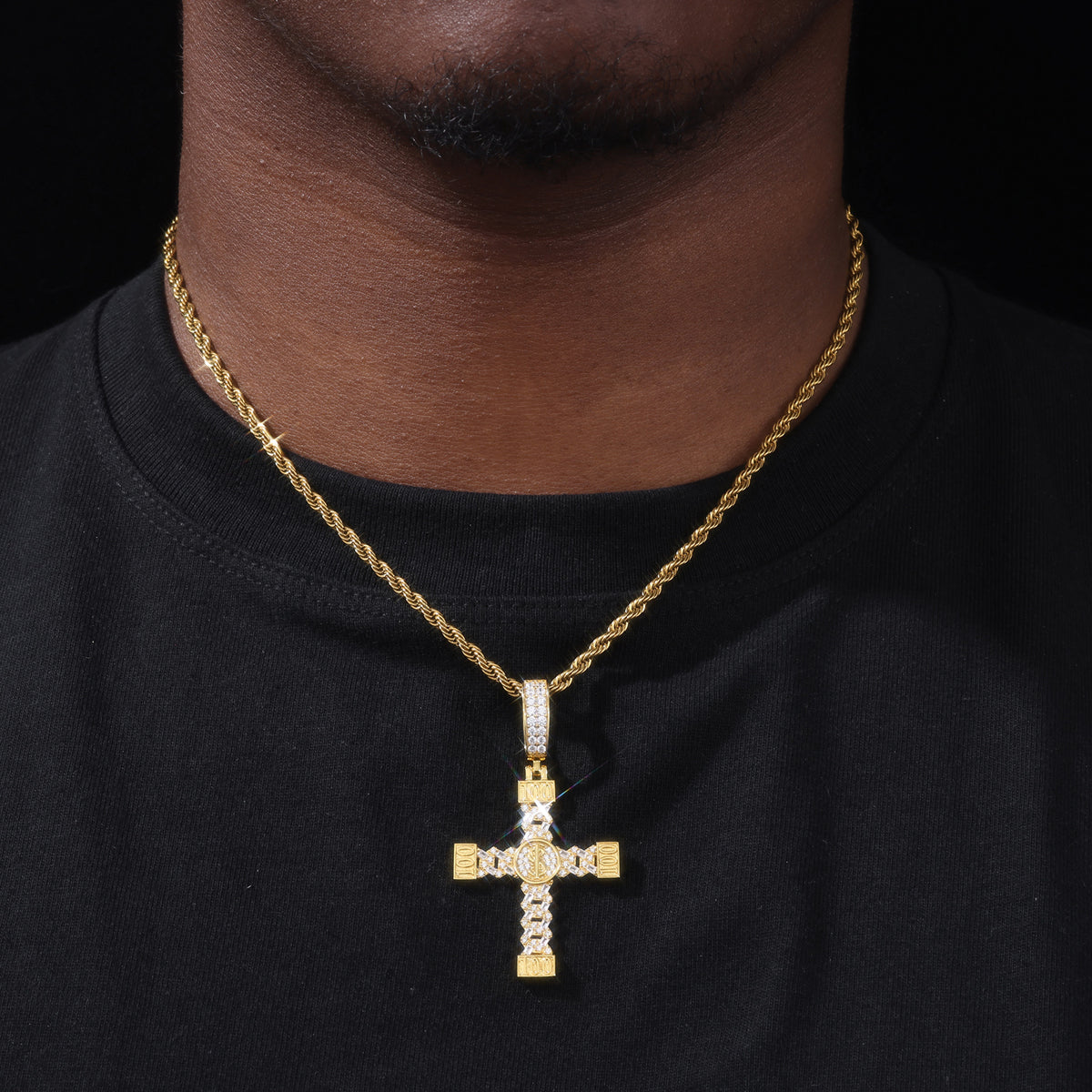 Dollar Sign Cross Moissanite Pendant in 925 Sterling Silver styled view