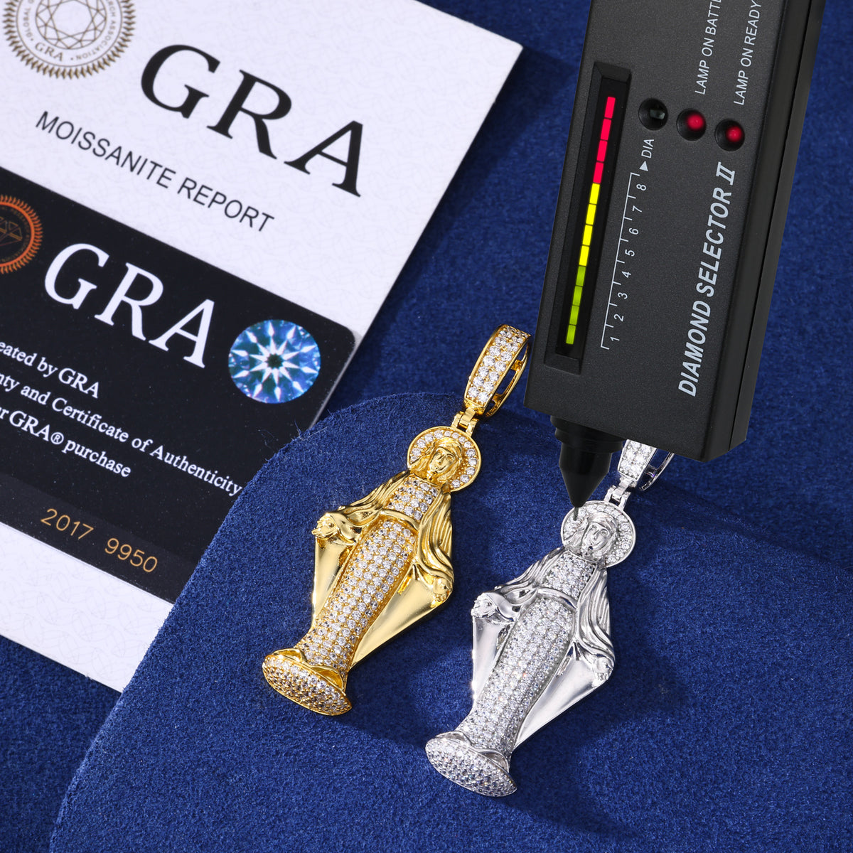 Virgin Mary Moissanite Pendant in 925 Sterling Silver front view