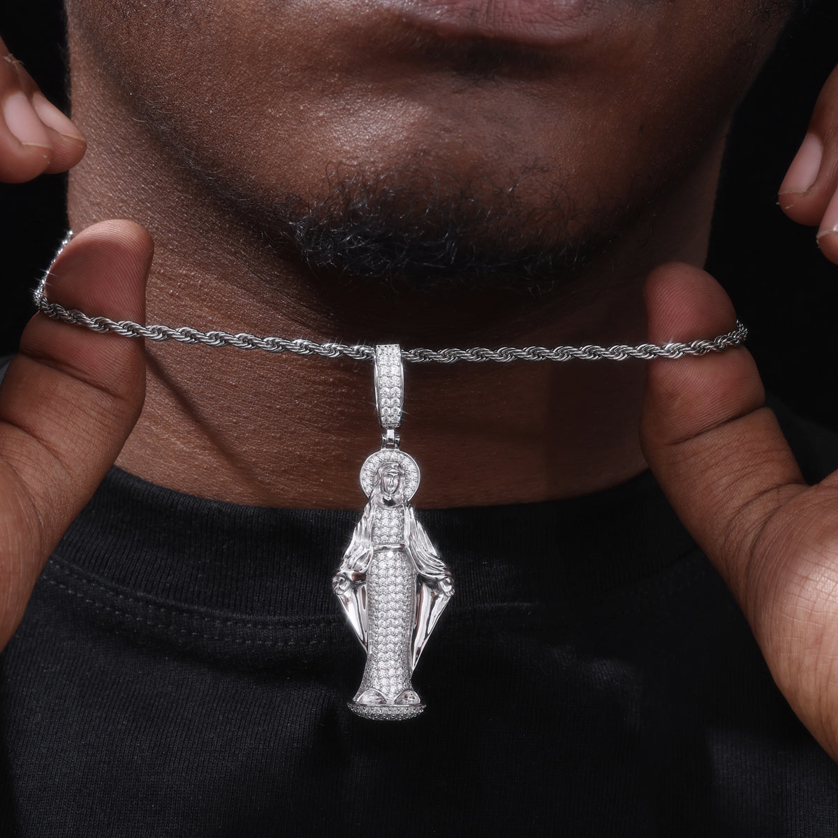 Virgin Mary Moissanite Pendant in 925 Sterling Silver styled view