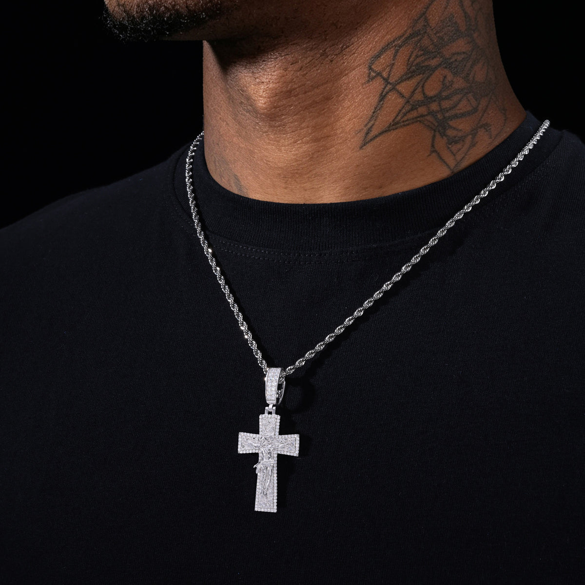 Crucifix Jesus Cross Moissanite Pendant in 925 Sterling Silver styled view