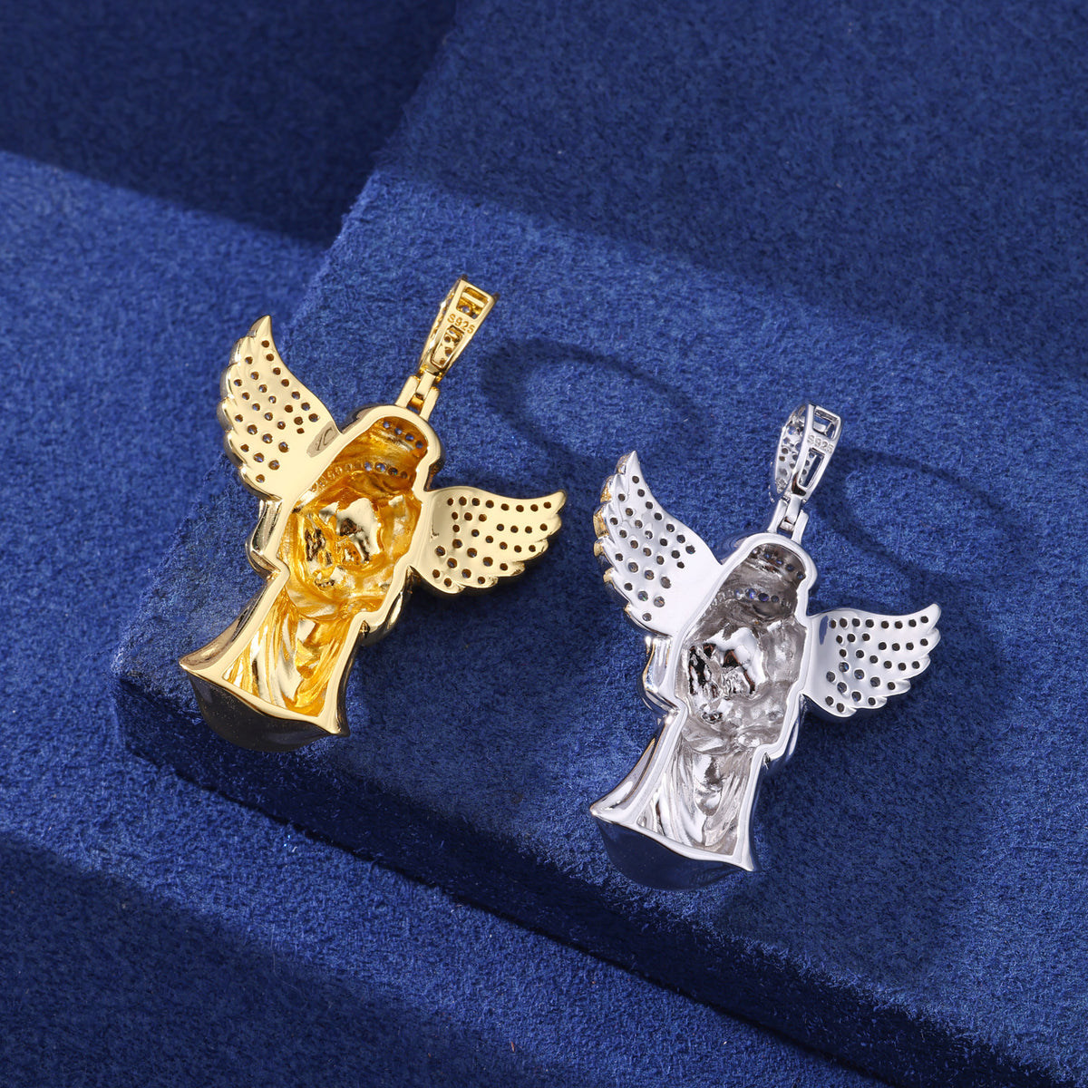 Guardian Angel Moissanite Pendant in 925 Sterling Silver detail view