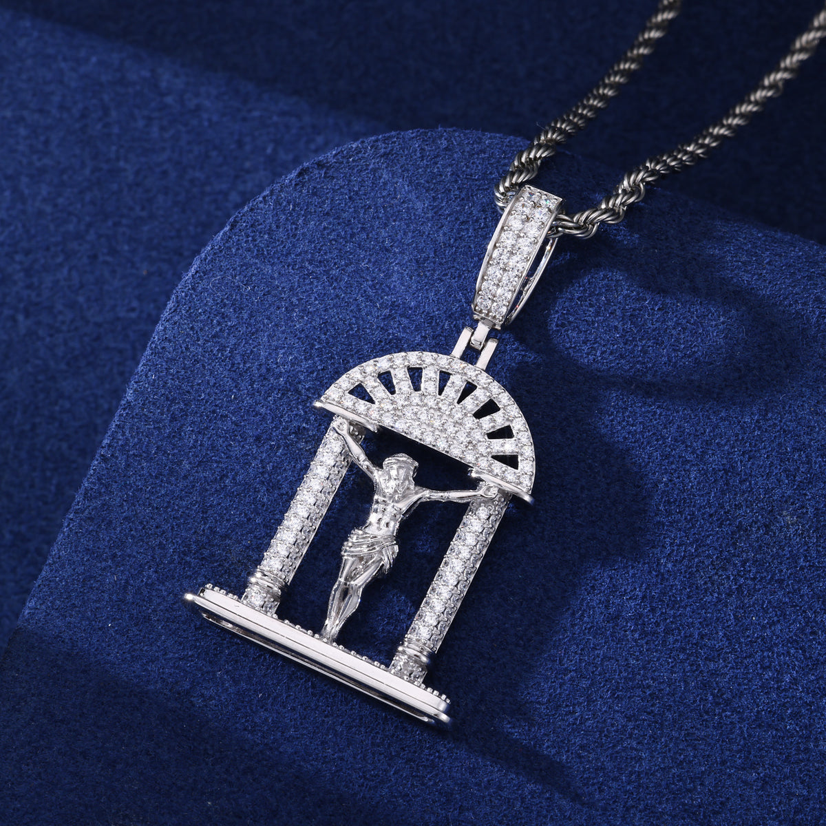 Arc de Triomphe Crucifix Moissanite Pendant in 925 Sterling Silver front view