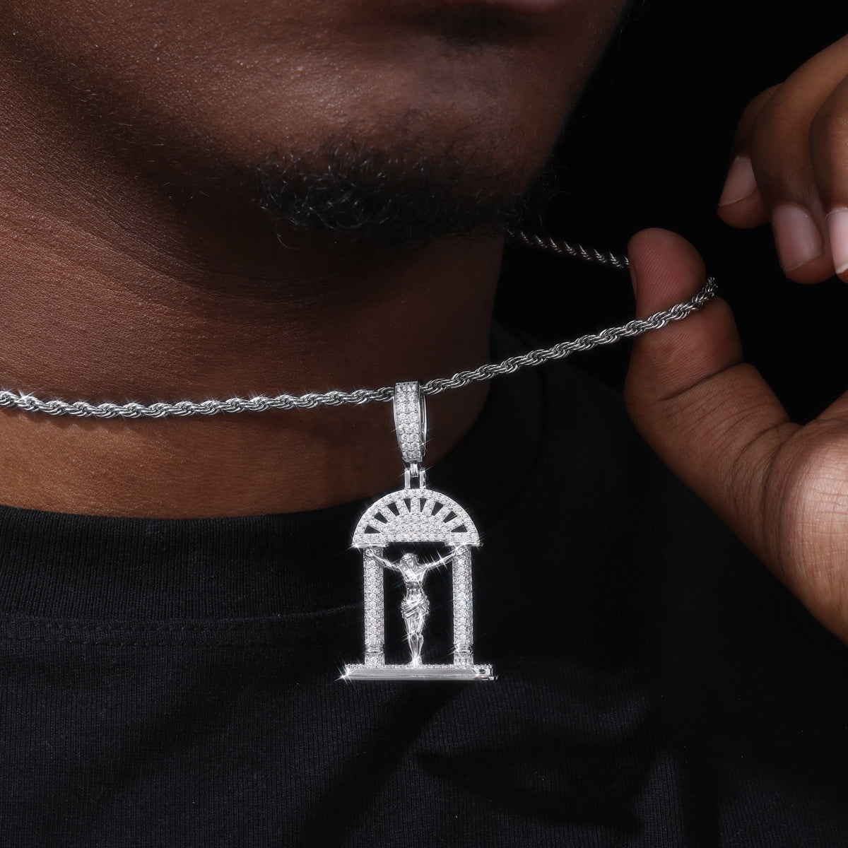 Arc de Triomphe Crucifix Moissanite Pendant in 925 Sterling Silver styled view