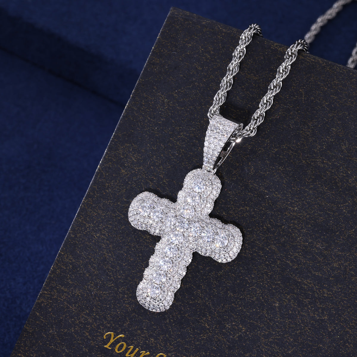 Three-Layer Halo Cross Moissanite Pendant in 925 Sterling Silver front view