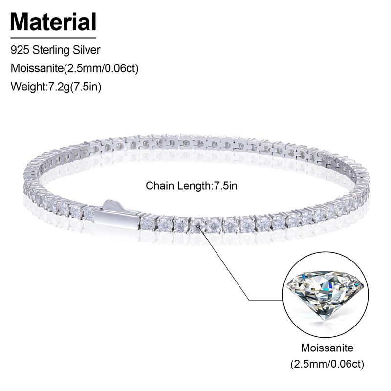 2.5 mm moissanite tennis bracelet size and material details