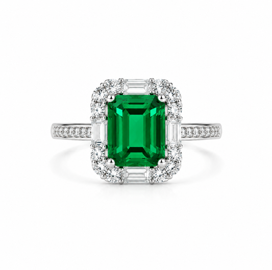 Square Lab Emerald Ring in S925 Sterling Silver